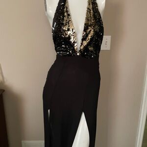 Black Halter Sequin Bodice Evening Gown with Deep V